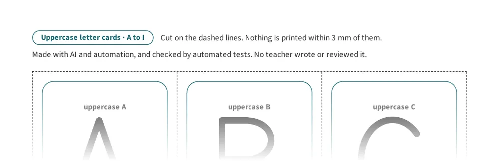 Alphabet Flashcards page: Uppercase letter cards A to I, nine cards to cut