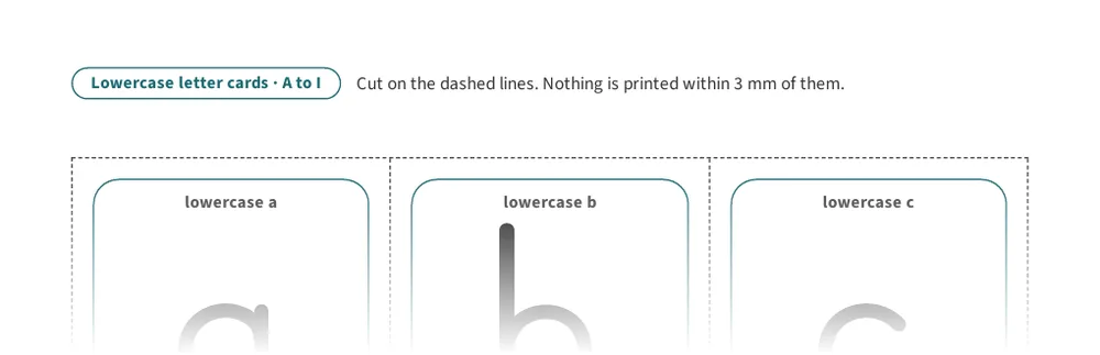 Alphabet Flashcards page: Lowercase letter cards a to i, nine cards to cut