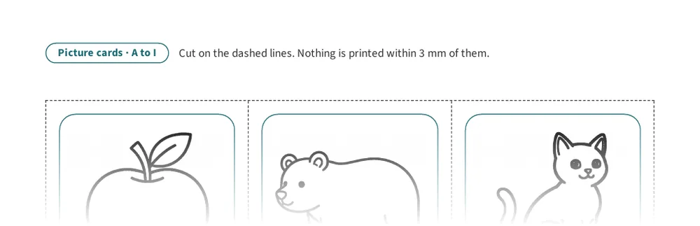 Alphabet Flashcards page: Picture cards A to I: apple, bear, cat, dog, egg, fish, goat, hat, and igloo