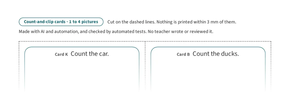 Counting Cards 1 to 20 page: Count-and-clip cards for 1 to 4 pictures: car, ducks, flowers, and apples