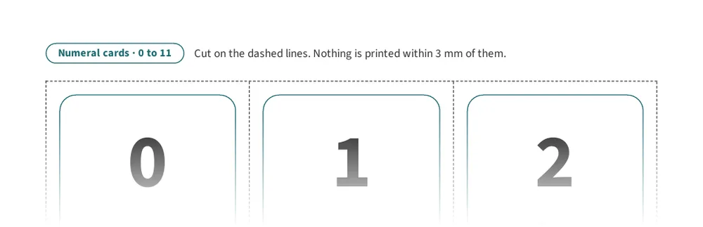 Counting Cards 1 to 20 page: Numeral cards 0 to 11, with the number word under each numeral