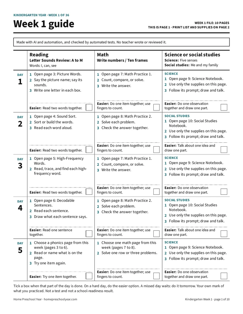 Kindergarten Year page: Week 1 guide: Day 1 to Day 5 reading, math, and science or social studies steps