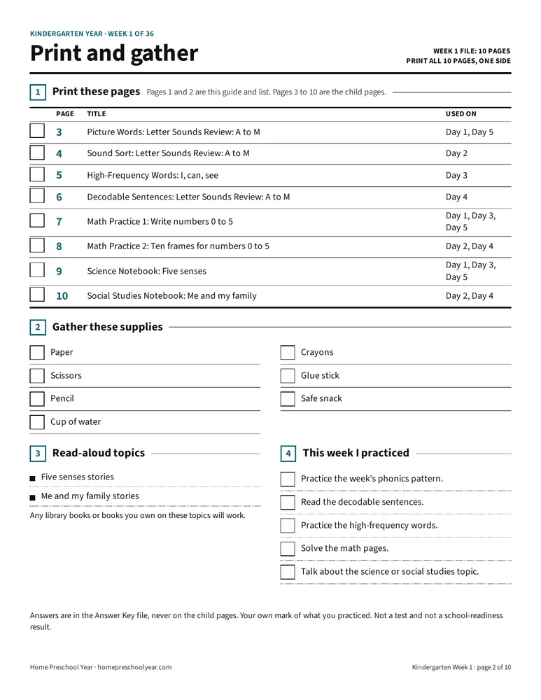 Kindergarten Year page: Print and gather: child pages 3 to 10, supplies, read-aloud topics, and this week I practiced