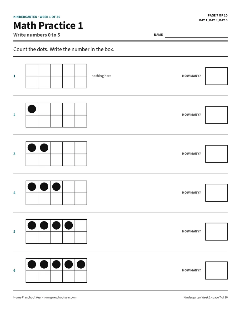 Kindergarten Year page: Math Practice 1: count dots in ten frames and write how many, 0 to 5