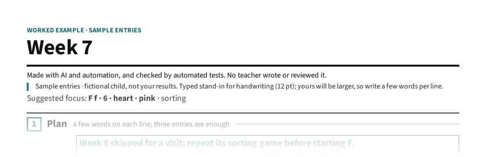 Parent Planner page: Worked Example, Week 7: sample plan, record, and review for a fictional child