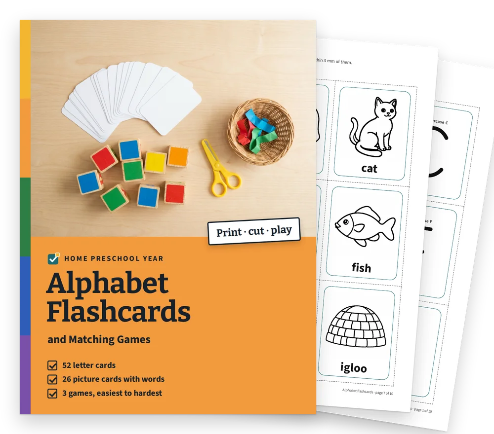Alphabet Flashcards cover with two real pages fanned behind it