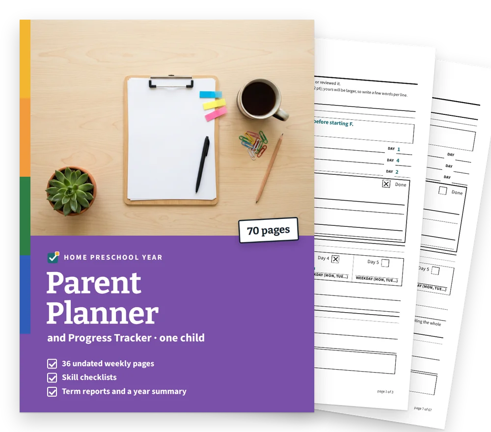 Parent Planner cover with two real pages fanned behind it
