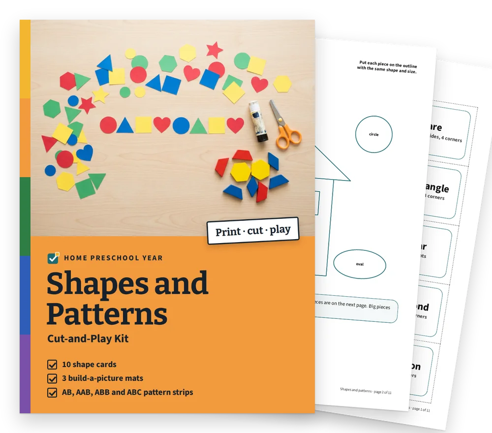 Shapes and Patterns cover with two real pages fanned behind it