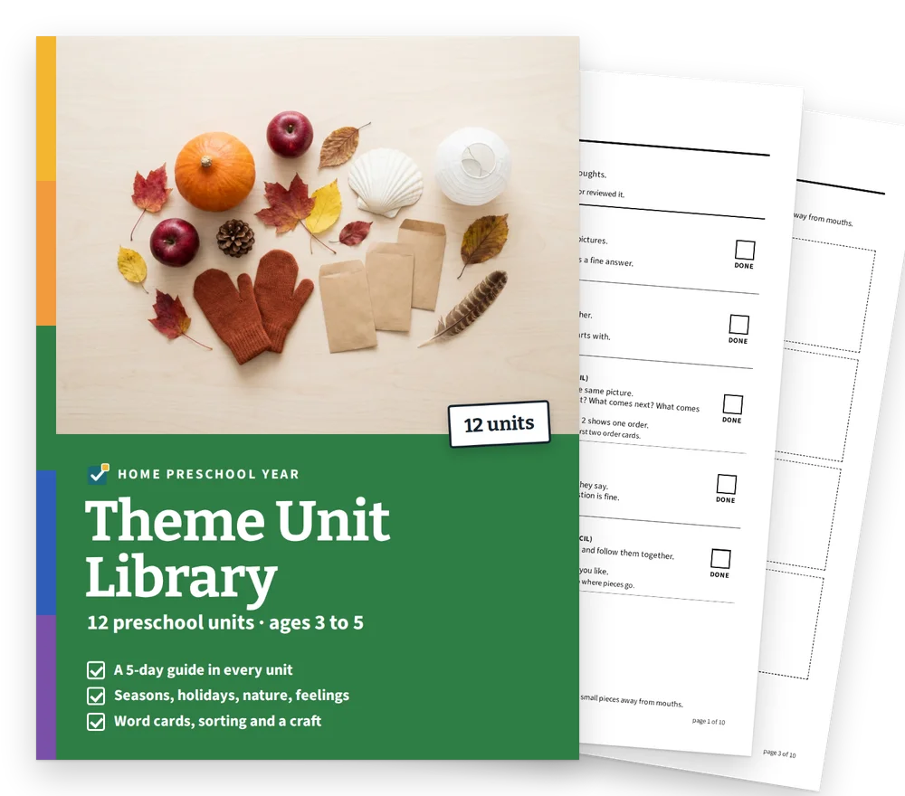 Theme Unit Library cover with two real pages fanned behind it