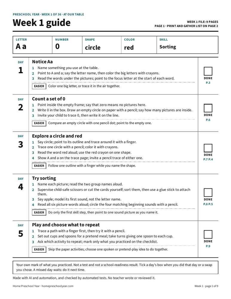 Preschool Year Week 1 guide page: Day 1 to Day 5 steps
