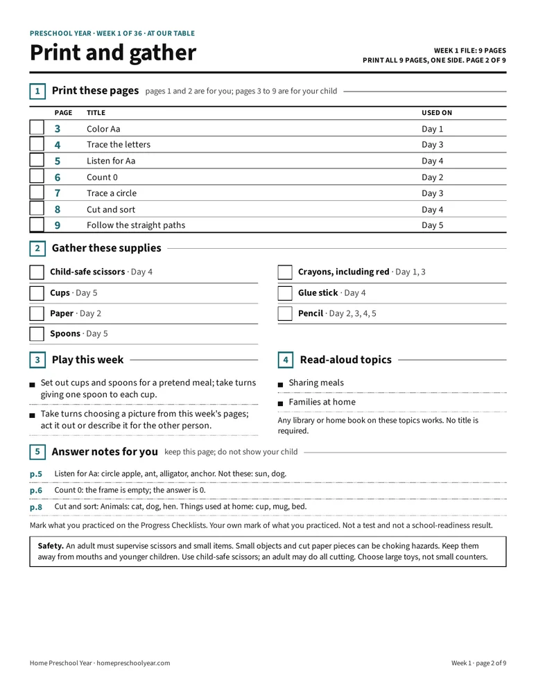 Preschool Year Week 1 print-and-gather page: pages to print, supplies, play and read-aloud topics