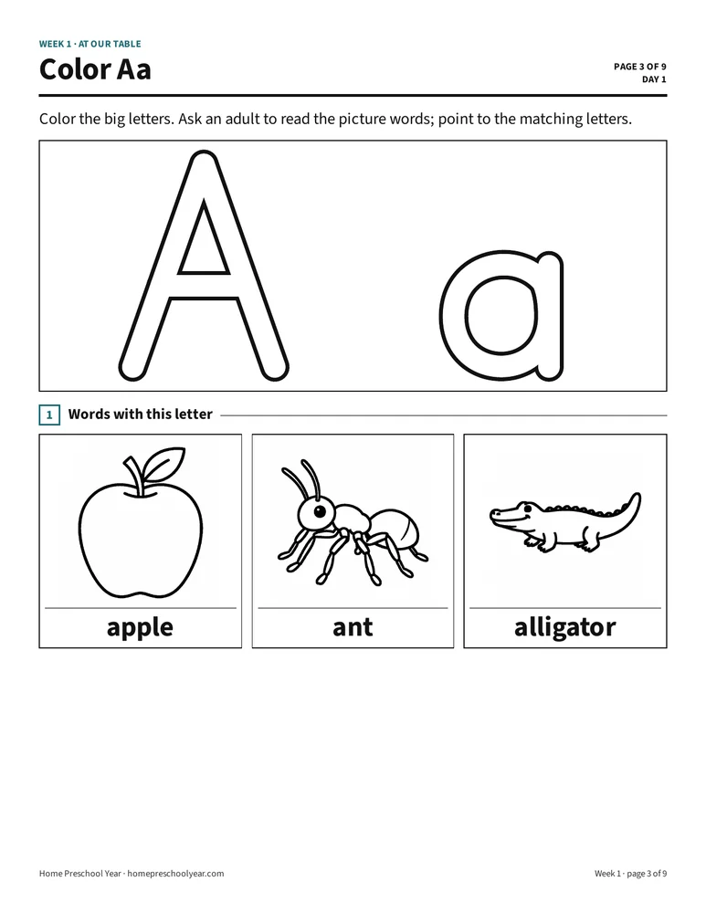 Preschool Year page: Color Aa: big A and a, with apple, ant, and alligator picture words