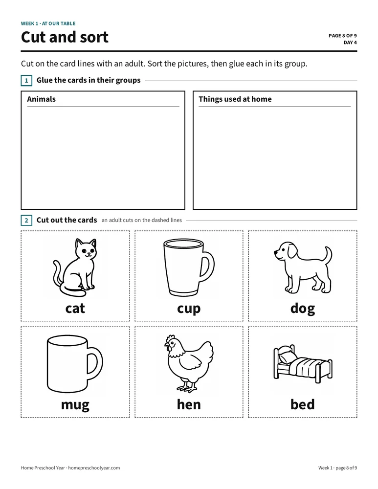 Preschool Year page: Cut and sort: animal and home picture cards to cut and glue into two groups
