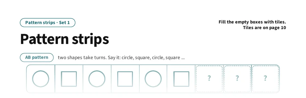 Shapes and Patterns page: Pattern strips, set 1: AB, AAB, ABB, and ABC rows with empty boxes