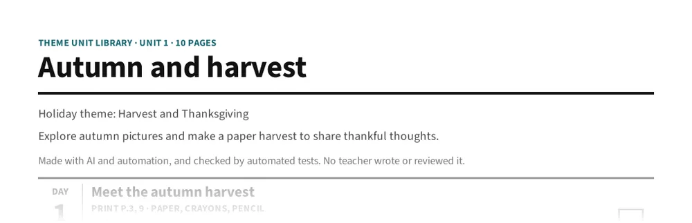 Theme Unit Library page: Autumn and harvest unit guide: five days from meet the harvest to a thankful basket