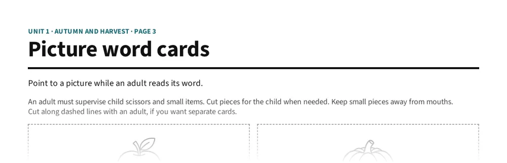 Theme Unit Library page: Picture word cards: apple, pumpkin, leaf, acorn, squirrel, carrot, pear, and tree