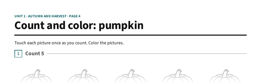 Theme Unit Library page: Count and color: five pumpkins, a how-many box, and a trace-5 line