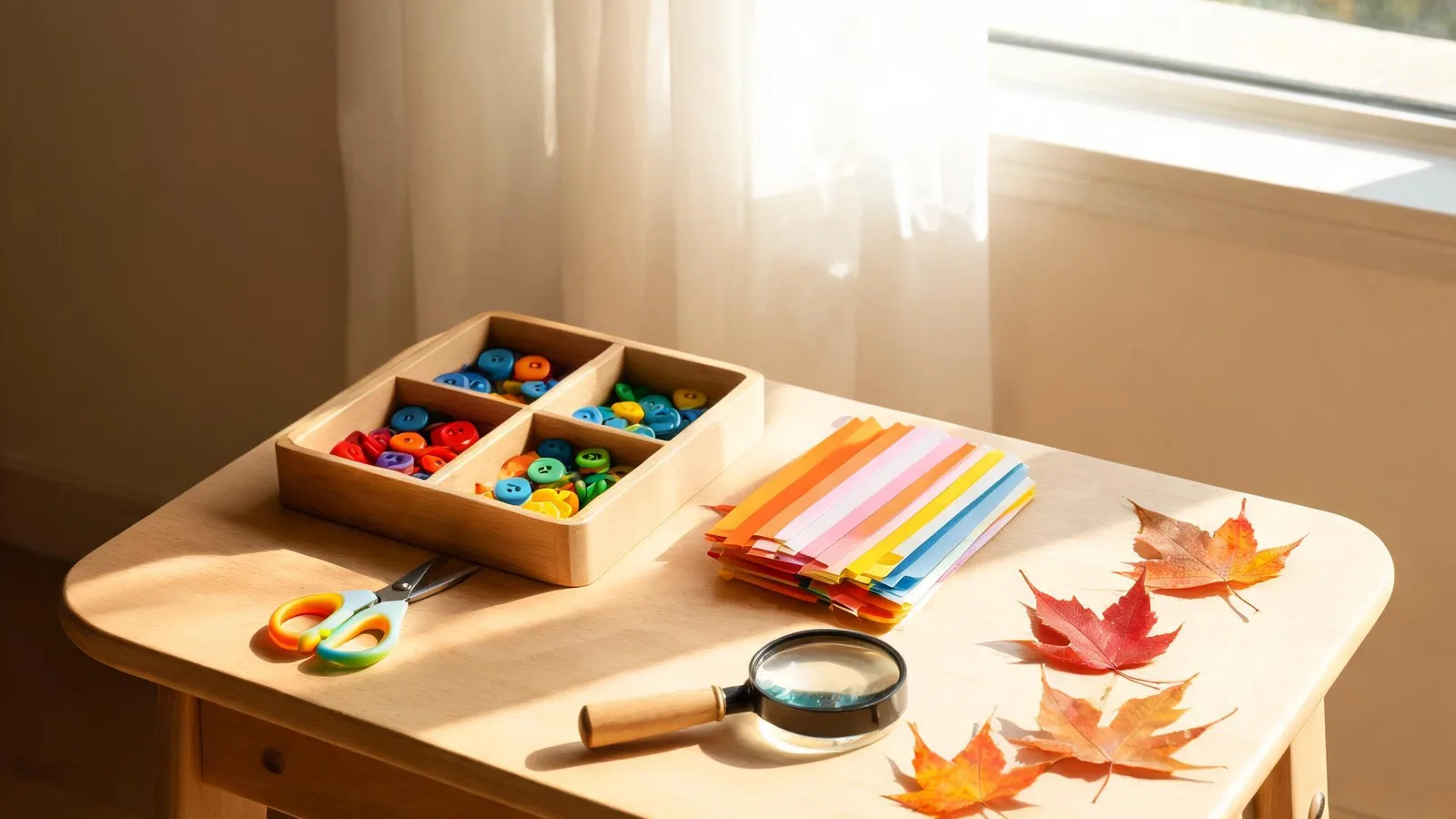 Illustrative image: a four-year-old and an adult sorting leaves on a table next to paper and a crayon. No text.