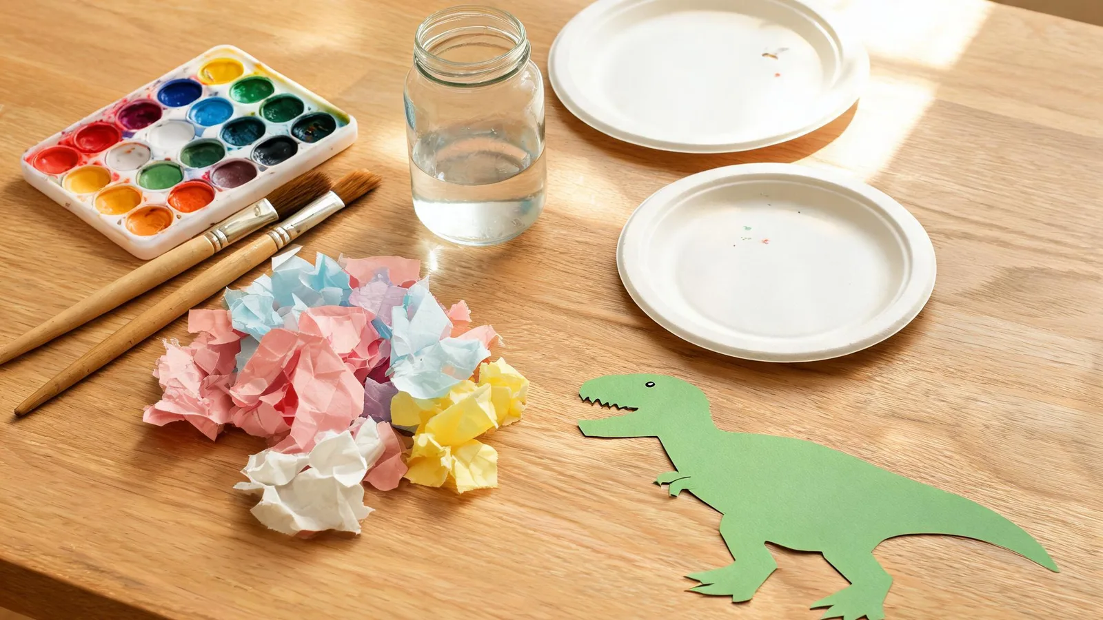 Illustrative image: a child and an adult at a kitchen table with torn paper, crayons, and a paper dinosaur outline. No text.
