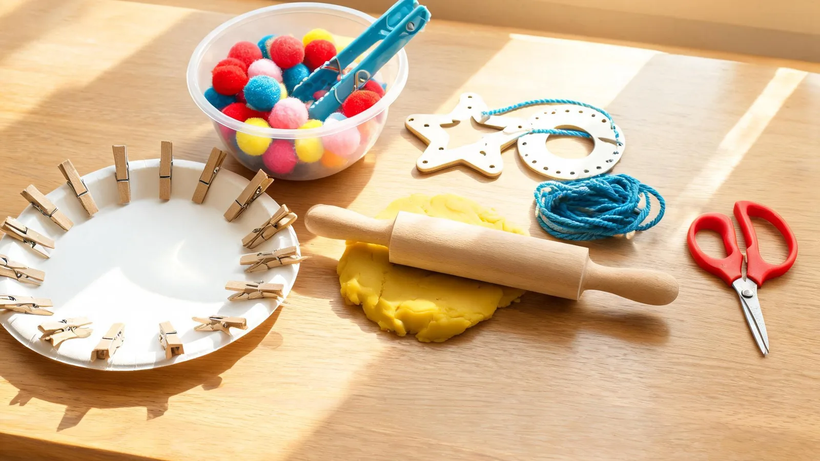 Illustrative image: a child pinching paper scraps at a table, with a sock ball and floor tape nearby. No text.
