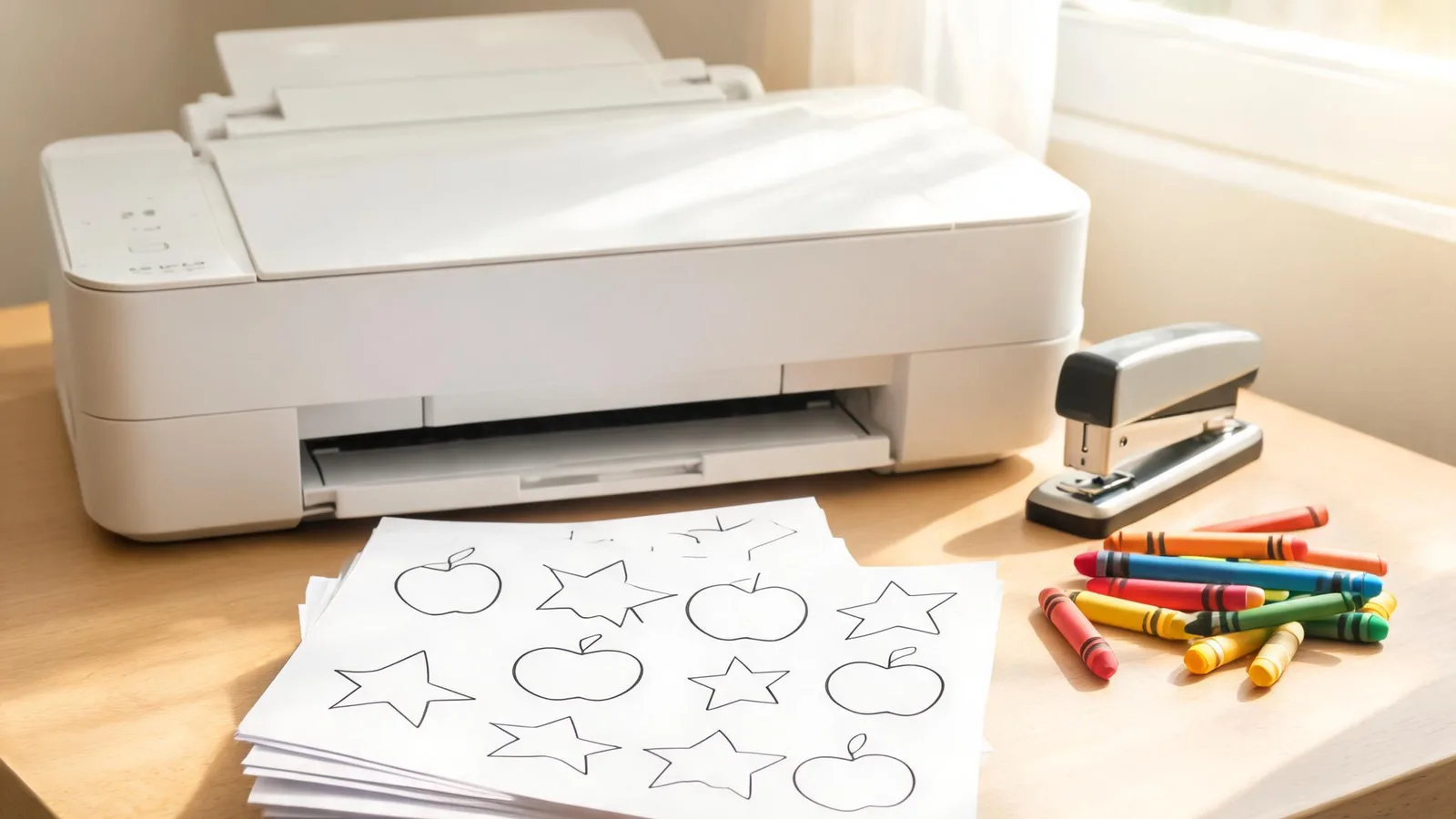 Illustrative image: printed activity pages and crayons beside an open picture book. No text.