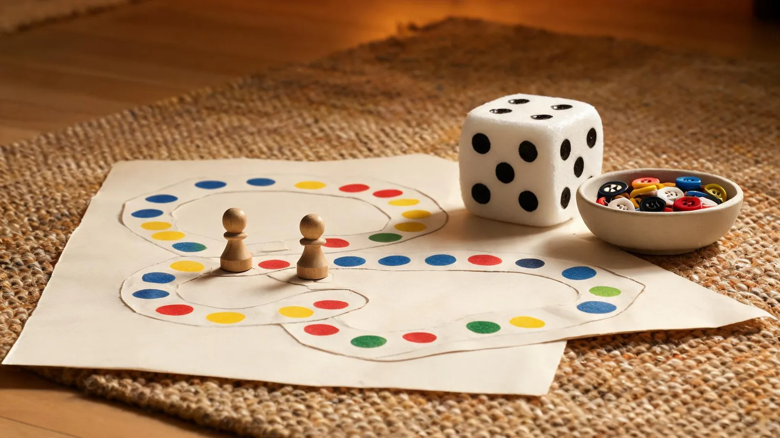 Illustrative image: an adult and a preschooler playing a paper path game with buttons on a kitchen table. No text.