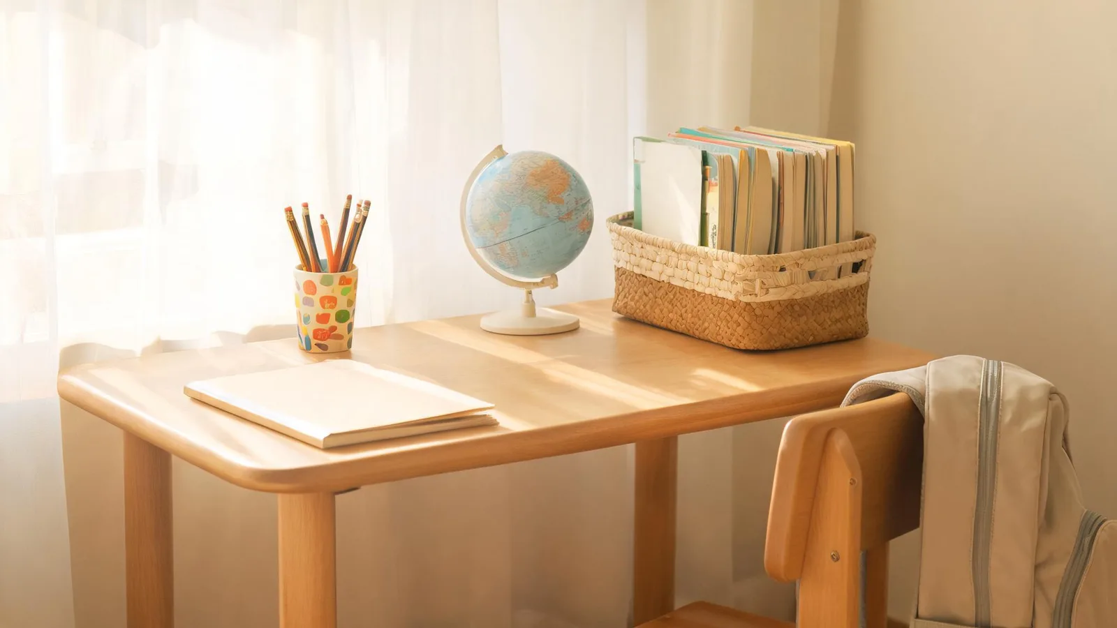 Illustrative image: a parent and a kindergartener at a kitchen table with paper, crayons, a pencil and a small pile of blocks. No text.