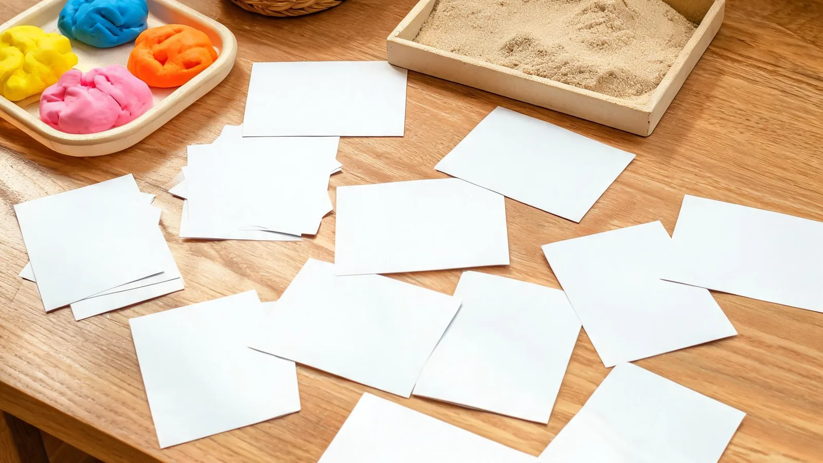 Illustrative image: paper letter cards, a crayon, and a picture book on a rug. No text.