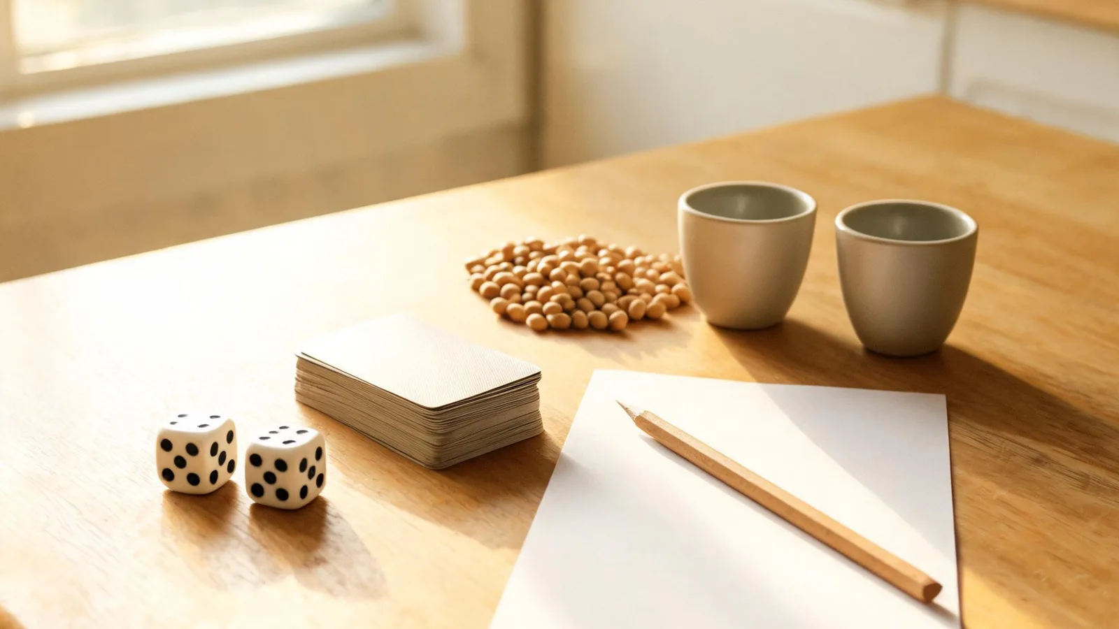 Illustrative image: a parent and a kindergartener at a kitchen table with playing cards, two dice and a paper ten-frame. No text.