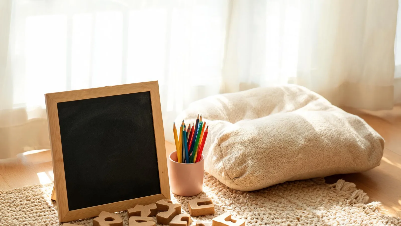 Illustrative image: a parent and a kindergartener on a couch, the parent tapping three fingers while saying a short word. No text.