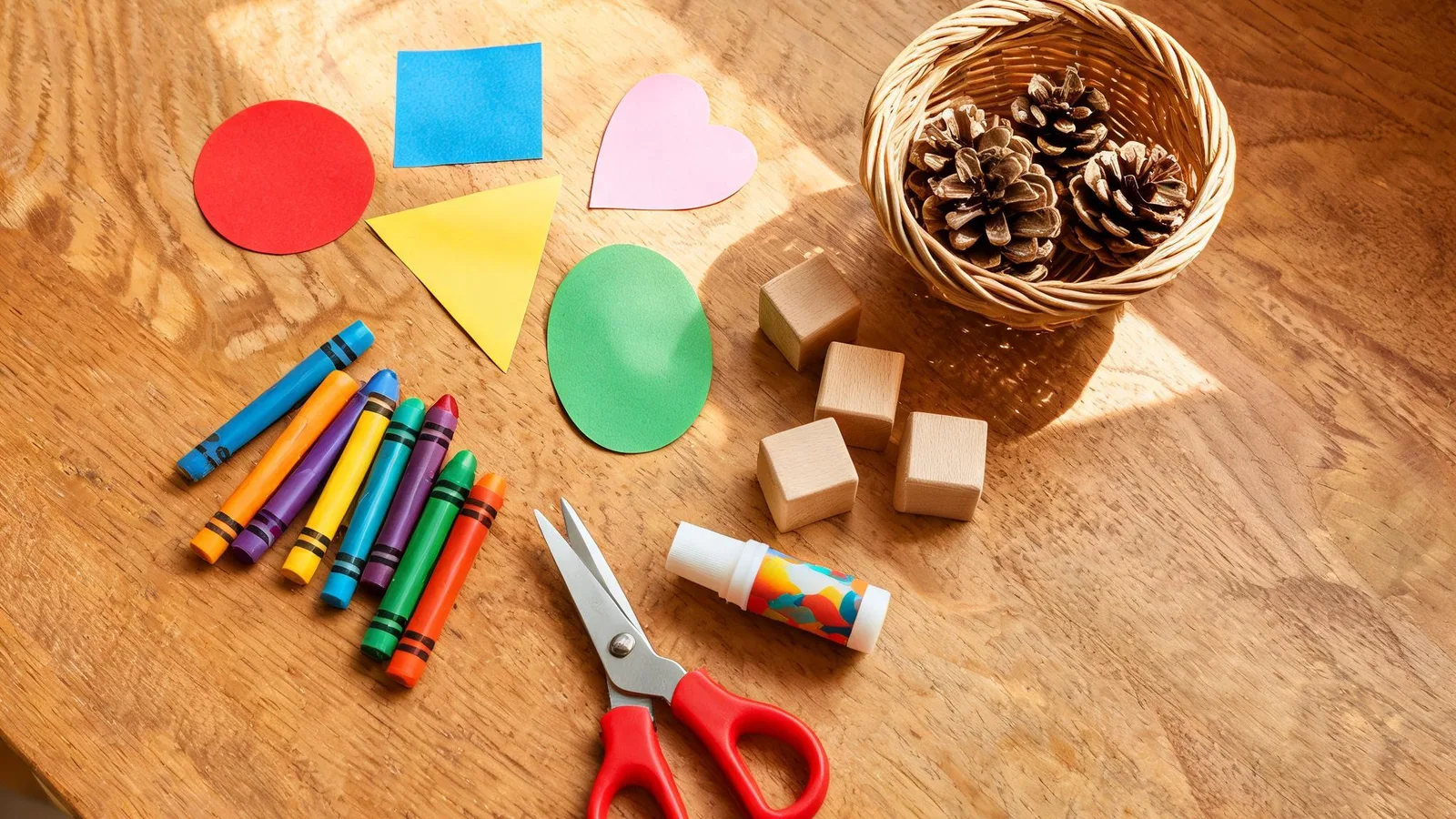 Illustrative image: a parent and a preschooler sorting socks beside a cardboard box and crayons on a kitchen floor. No text.
