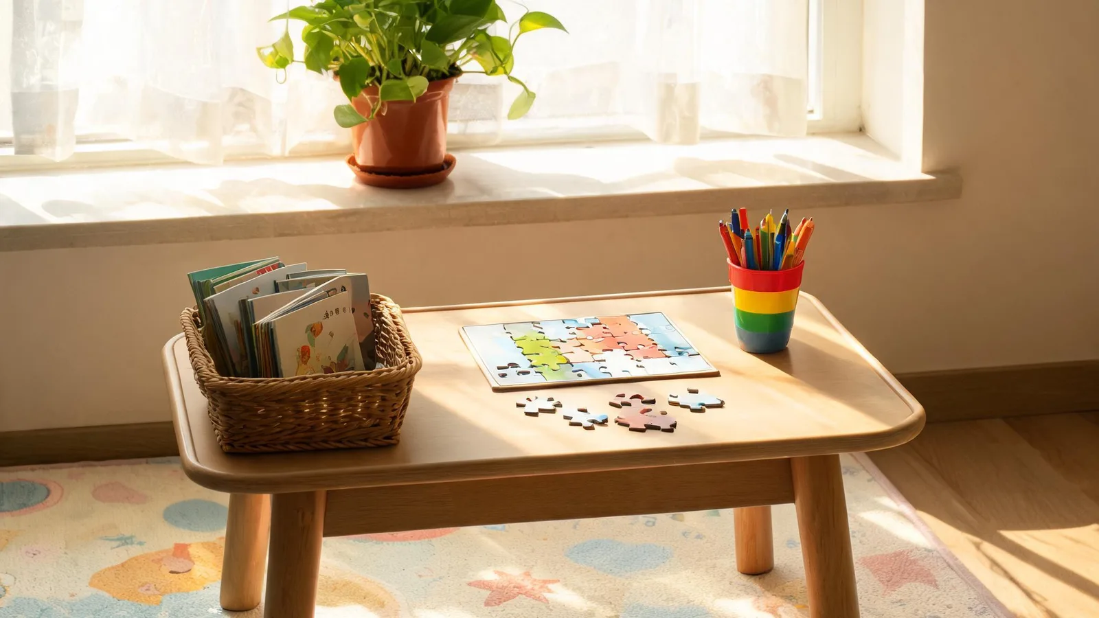 Illustrative image: a parent and a preschooler at a kitchen table with paper, crayons, and a picture book in morning light. No text.