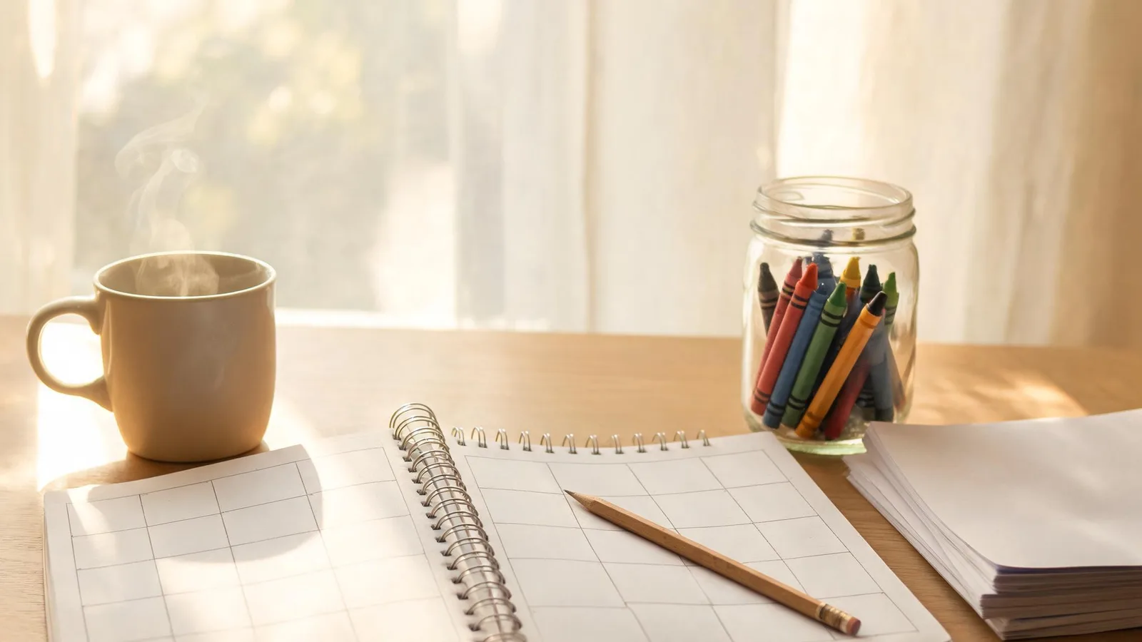 Illustrative image: a kitchen table with a handwritten weekly sheet, crayons, and a picture book. No text.
