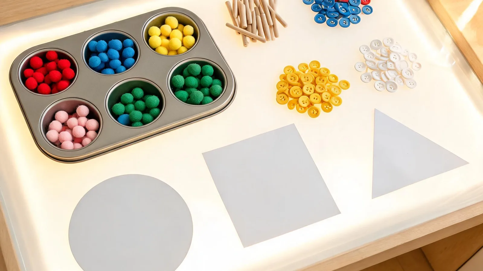 Illustrative image: a wooden table with spoons, socks, and paper shapes, no people. No text.