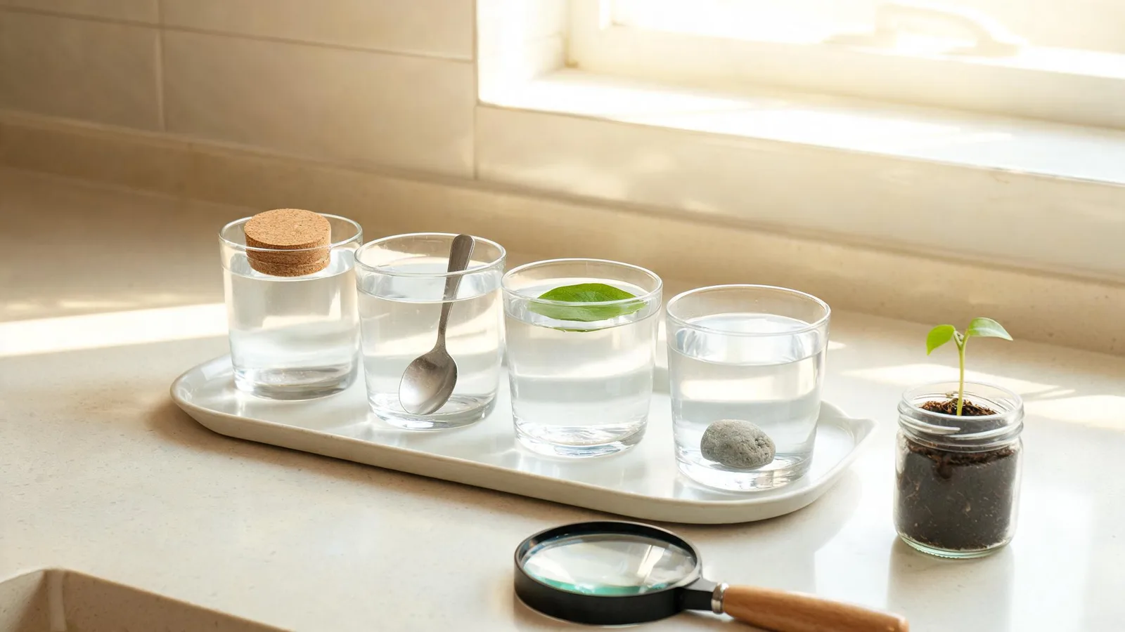 Illustrative image: a child and adult at a window with a ribbon, a cup of ice, and a paper-towel seed. No text.