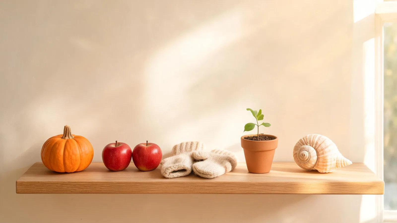 Illustrative image: four small piles of leaves, a mitten, a seed packet, and a picnic cup on a table. No text.