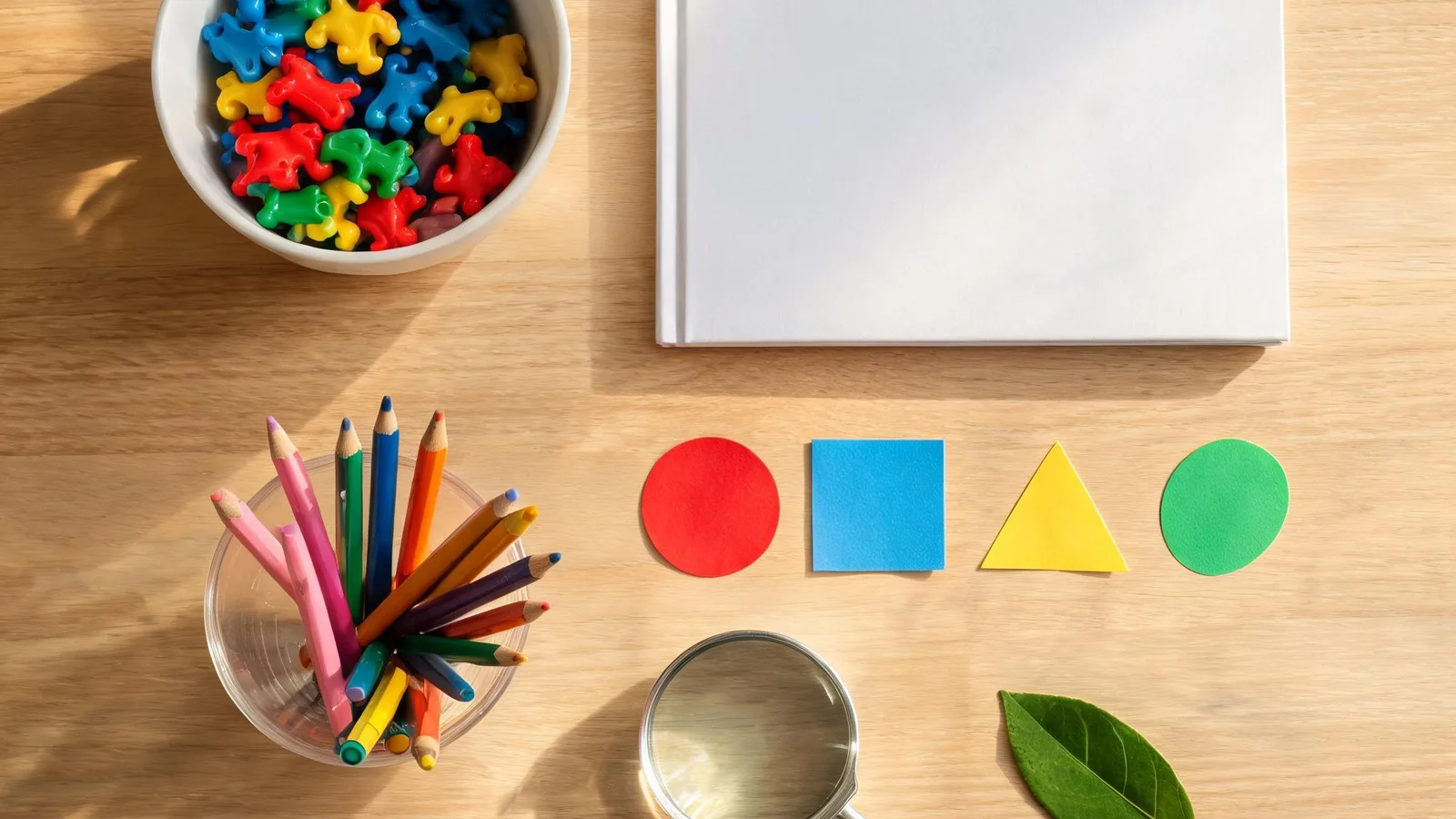 Illustrative image: a child sorting cups and spoons while an adult sits nearby. No text.
